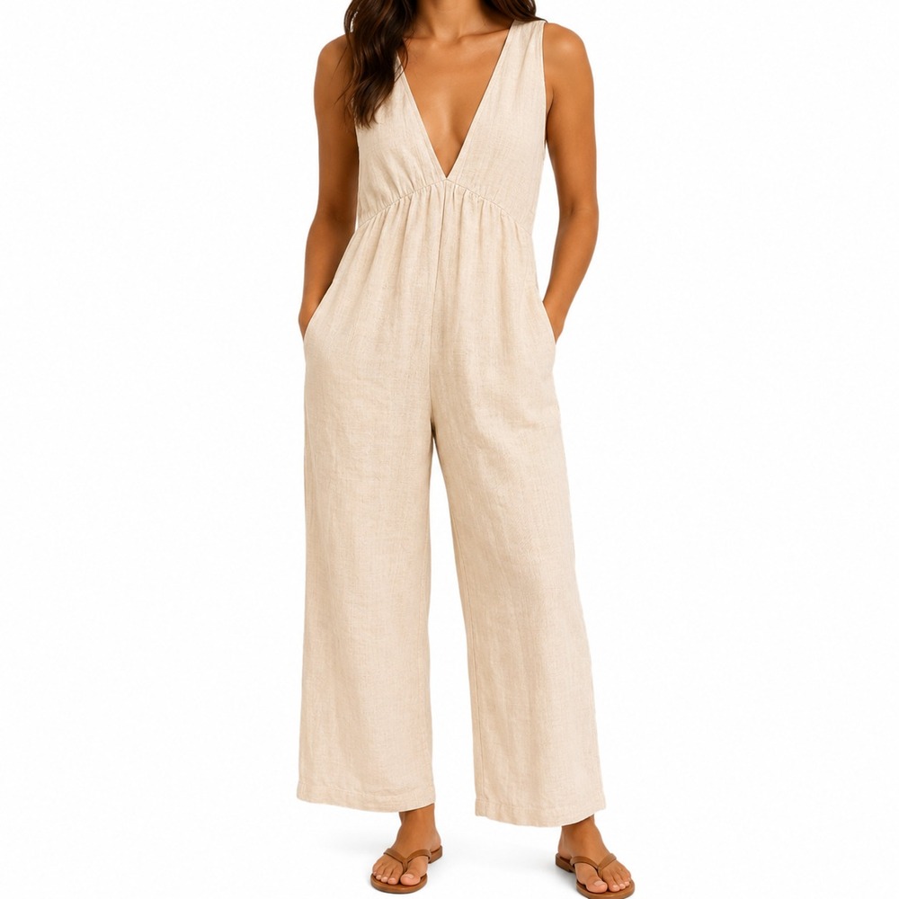 Bahhgoose Linen Blend Jumpsuit Womens L/XL Beige Sleeveless V Neck Boho Festival